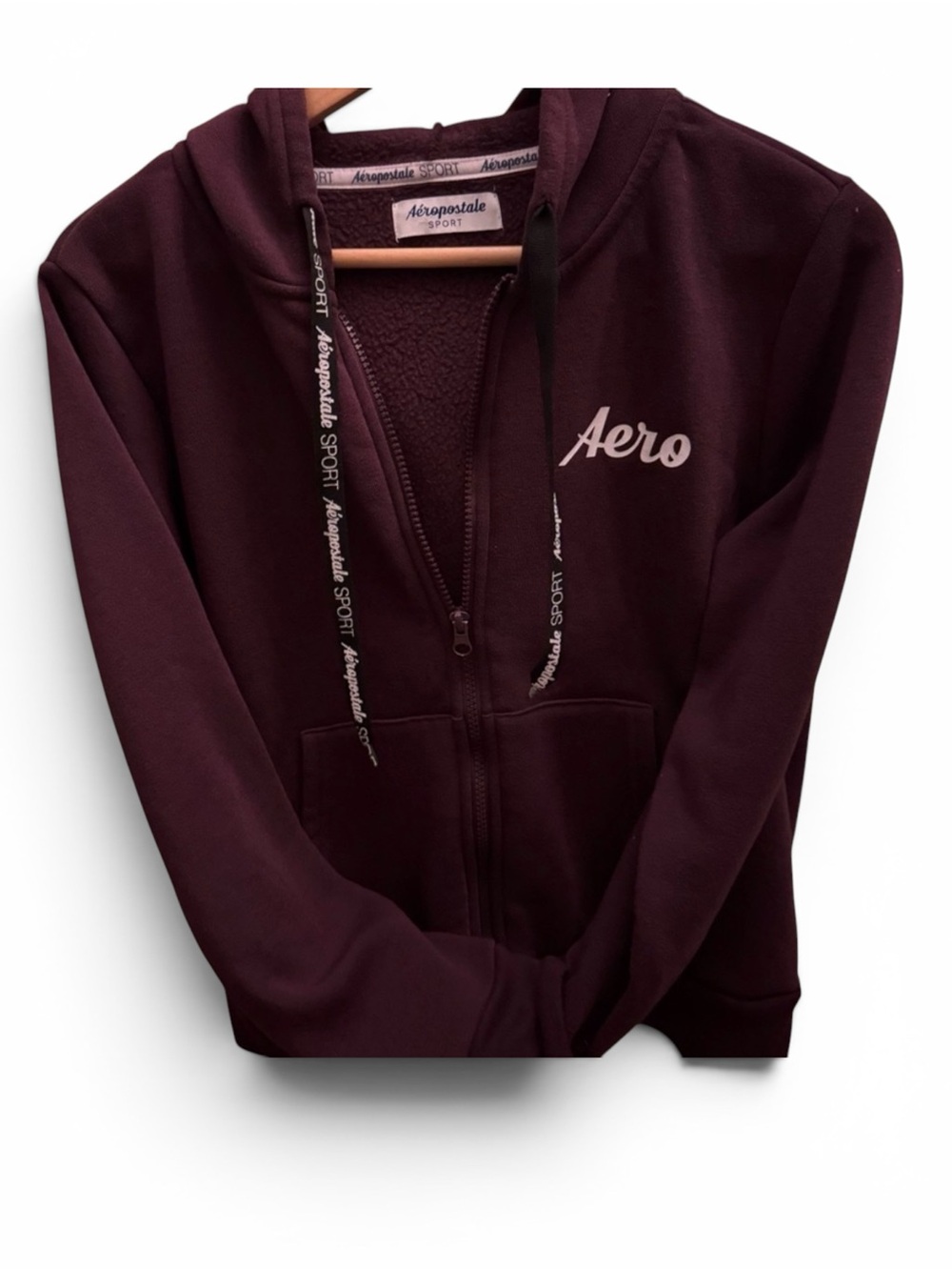 Aeropostale Sport Zip Up Hoodie Medium Burgundy Fleece Lined Logo Sweatshirt